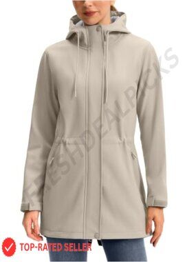 Women's Softshell Jacket Fleece Lined Waterproof Hooded Rain Coat Long
